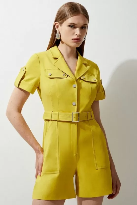 Fashion Karen Millen Viscose Cotton Stretch Belted Romper ochre