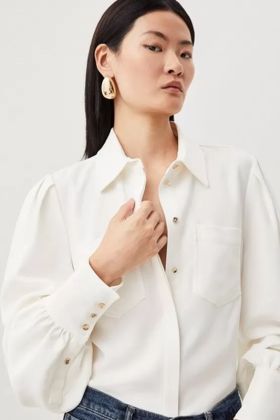 Hot Karen Millen Viscose Crepe Statement Sleeve Collared Blouse ivory