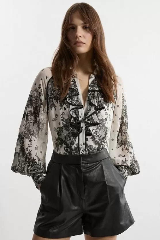 Outlet Karen Millen Viscose Crinkle Placed Lace Printed Blouse black