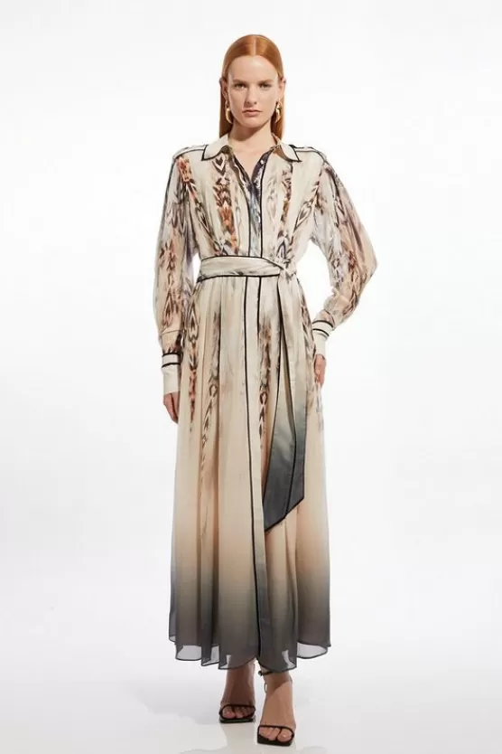 Sale Karen Millen Viscose Floral Border Shirt Maxi Dress stone