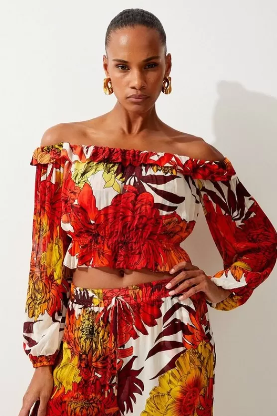 Shop Karen Millen Viscose Georgette Border Print Beach set orange