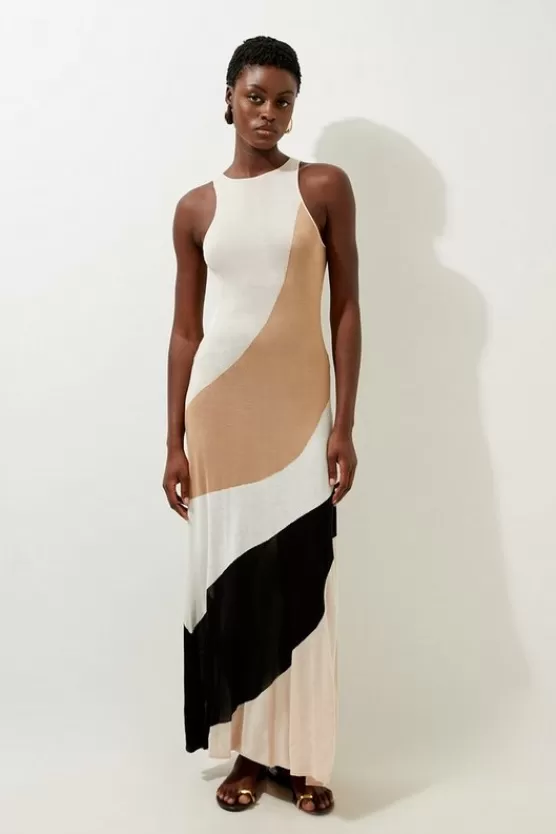 Flash Sale Karen Millen Viscose Knit Color Block Summer Maxi Dress natural
