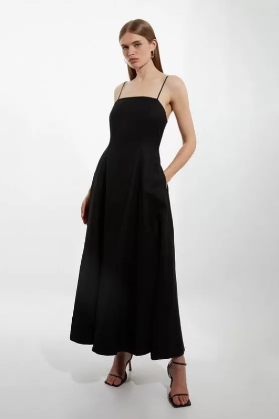 Outlet Karen Millen Viscose Linen Woven Strappy Maxi Dress black