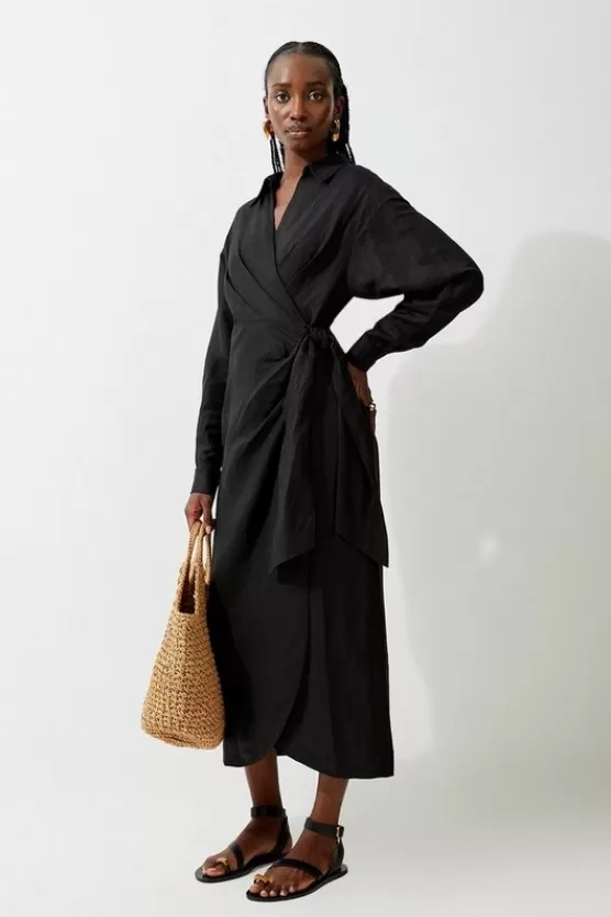 Online Karen Millen Viscose Linen Woven Tie Wrap Midi Shirt Dress black