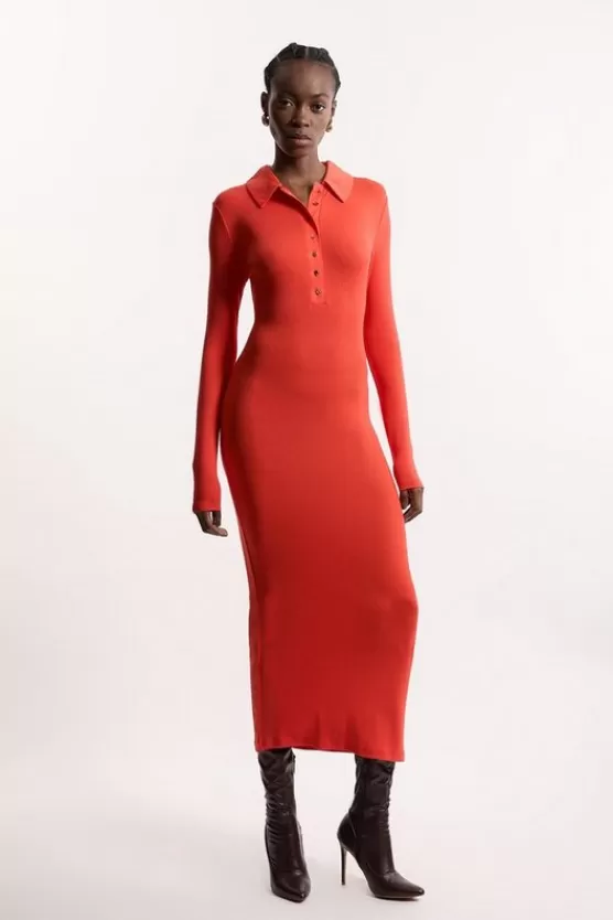 Fashion Karen Millen Viscose Rib Jersey Long Sleeve Colla Midi Dress red