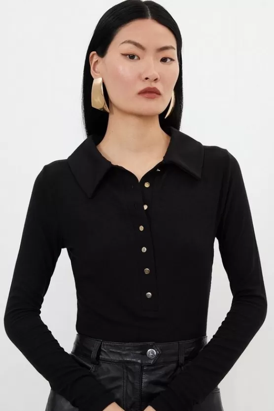 Shop Karen Millen Viscose Rib Jersey Long Sleeve Collared Top black