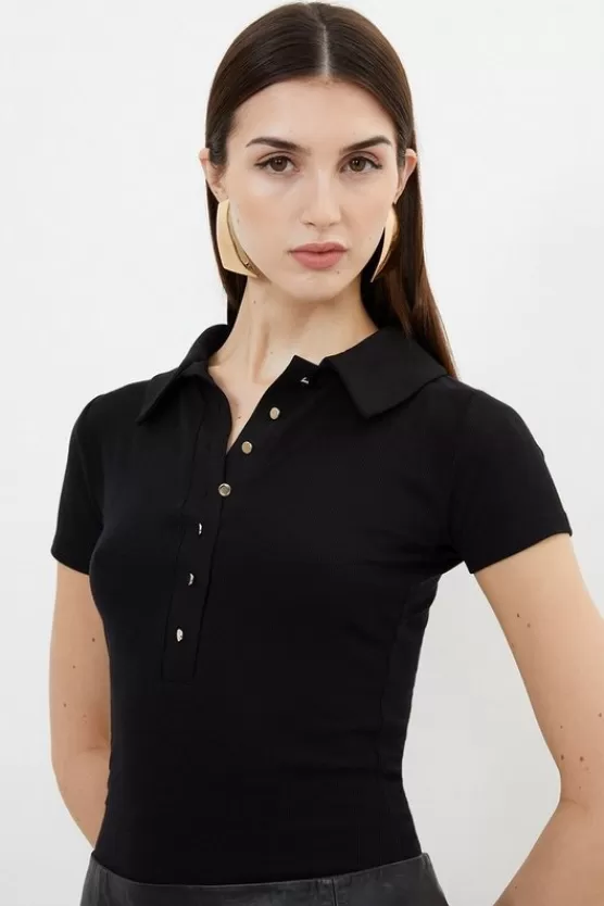 Store Karen Millen Viscose Rib Jersey Short Sleeve Collared Top black