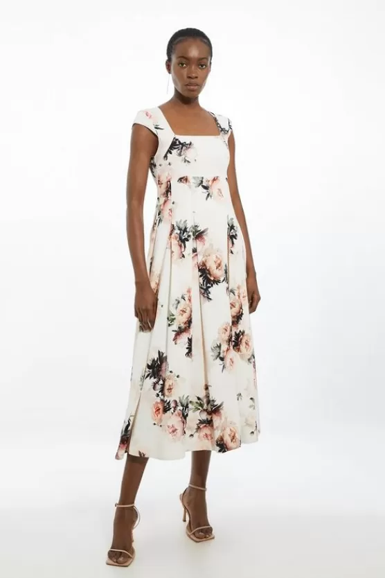 Store Karen Millen Viscose Satin Back Crepe Peony Tailored Square Neck Full Skirted Midi Dress floral
