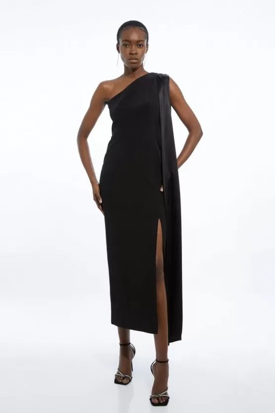 Cheap Karen Millen Viscose Satin Back Crepe Tailored One Shoulder Cape Maxi Dress black