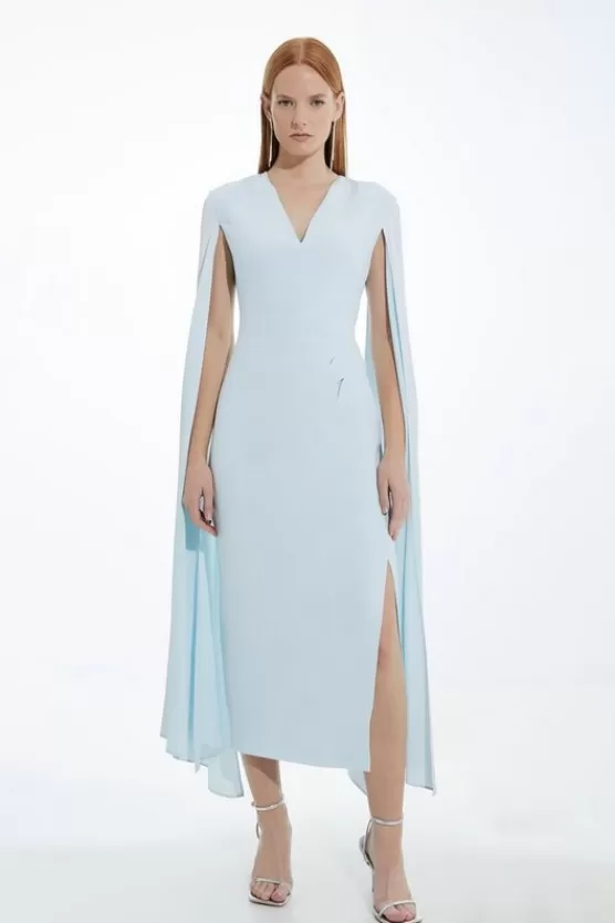 Fashion Karen Millen Viscose Satin Back Crepe Tailored V Neck Maxi Cape Dress blue