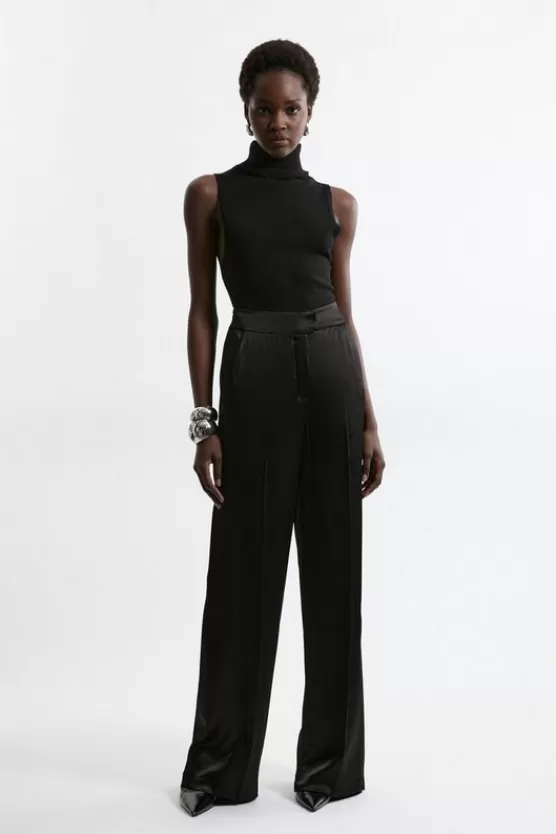 New Karen Millen Viscose Satin Back Crepe Wide Leg Pants black