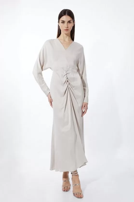 Flash Sale Karen Millen Viscose Satin Batwing Long Sleeve Midi Dress silver