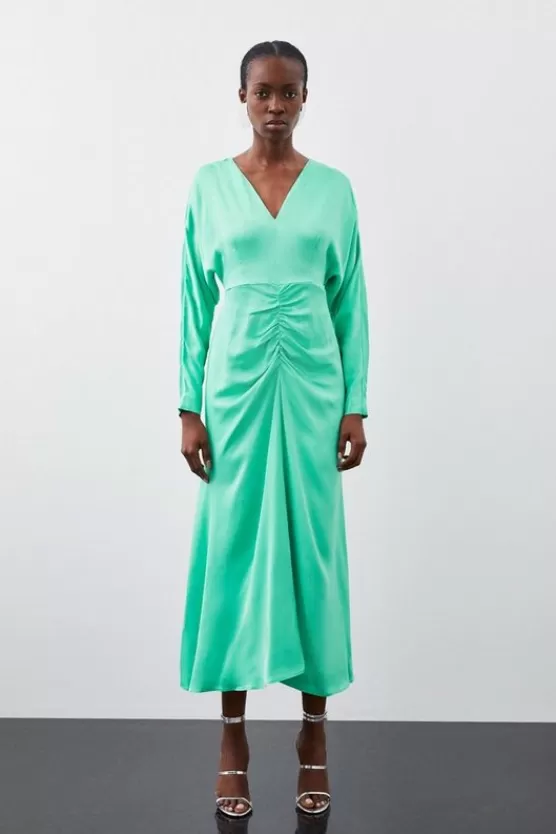 Clearance Karen Millen Viscose Satin Batwing Long Sleeve Midi Dress green