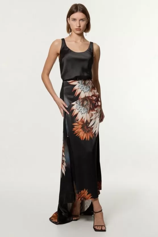 Clearance Karen Millen Viscose Satin Printed Panelled Train Maxi Skirt floral