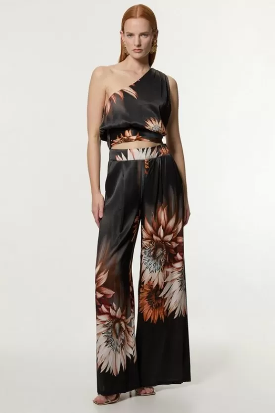 New Karen Millen Viscose Satin Printed Wide Leg Woven Pants floral