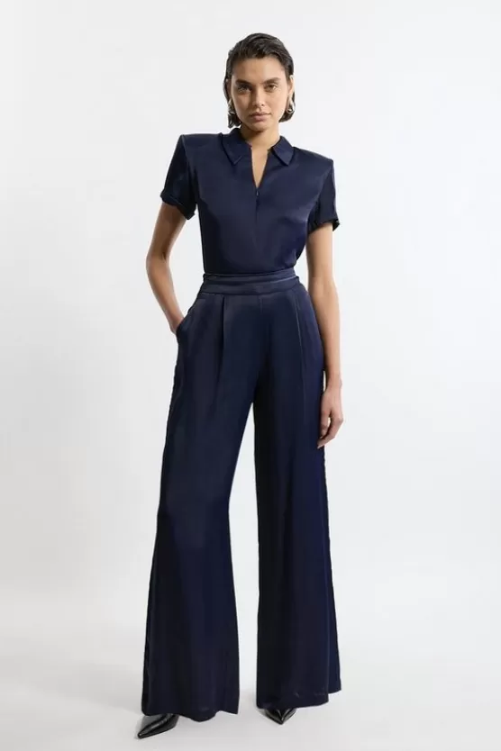 Cheap Karen Millen Viscose Satin Wide Leg Pants navy