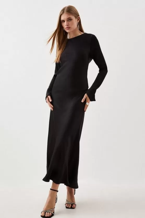 New Karen Millen Viscose Satin Woven Long Sleeve Maxi Dress black