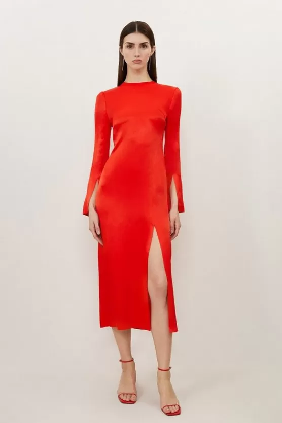 Discount Karen Millen Viscose Satin Woven Midi Dress red