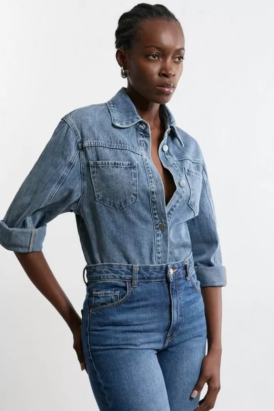 Shop Karen Millen Washed Denim Buttoned Shirt midblue