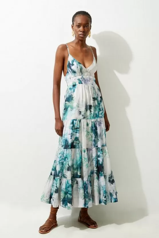 New Karen Millen Watercolor Cotton Voile Plunge Strappy Woven Maxi Dress blue