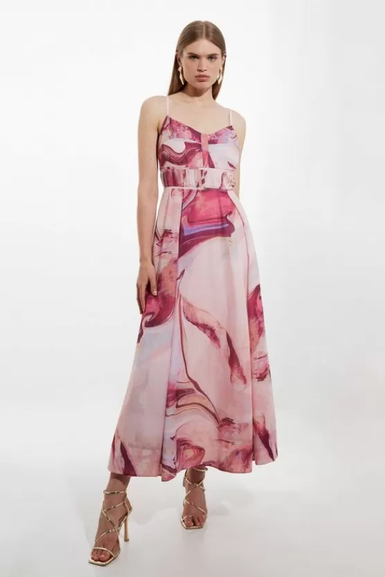 Sale Karen Millen Watercolor Print Cotton Voile Strappy Woven Maxi Dress pink