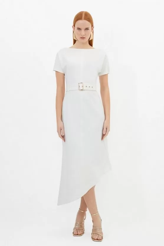 New Karen Millen Waterfall Hem Belted Short Sleeve Ponte Jersey Midi Dress ivory