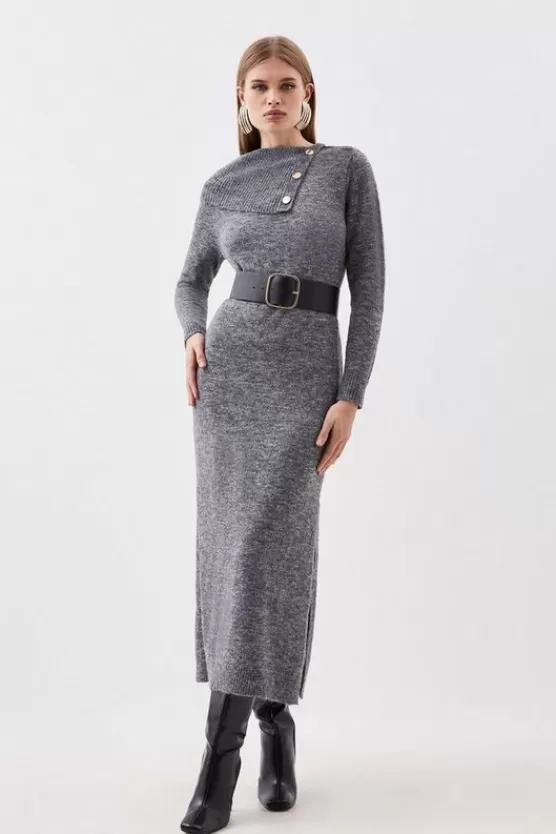 Store Karen Millen Wool Blend Cosy Envelope Belted Knit Maxi Dress charcoal