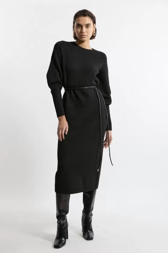 Clearance Karen Millen Wool Blend Cosy Knit Belted Long Sleeve Midaxi Dress black