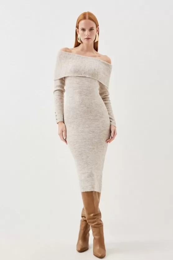 Cheap Karen Millen Wool Blend Cosy Off The Shoulder Knit Midi Dress ivory