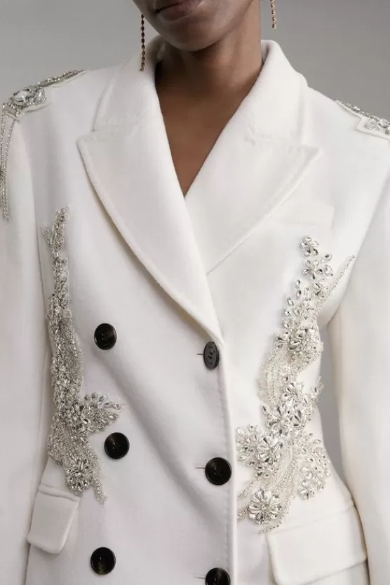Discount Karen Millen Wool Blend Crystal Embellished Double Breasted Tailored Maxi Coat ivory