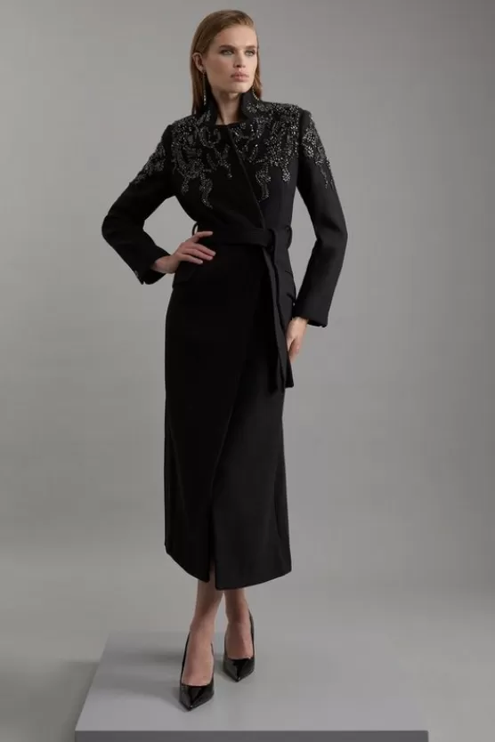 Hot Karen Millen Wool Blend Crystal Embellished Notch Neck Belted Maxi Coat black