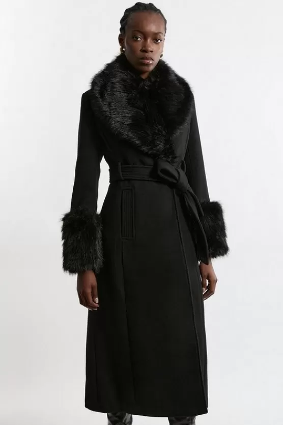 Store Karen Millen Wool Blend Detachable Faux Fur Belted Midi Coat black