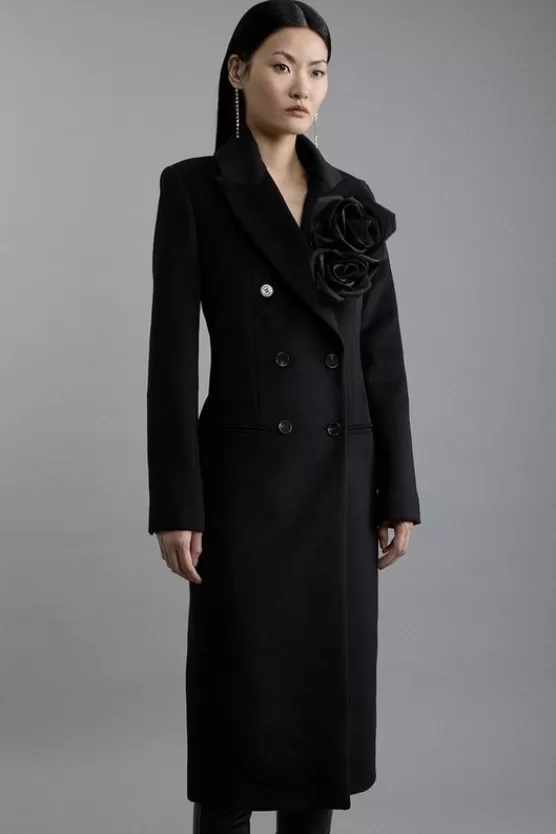 Sale Karen Millen Wool Blend Detachable Rosette Detailed Double Breasted Tailored Maxi Coat black