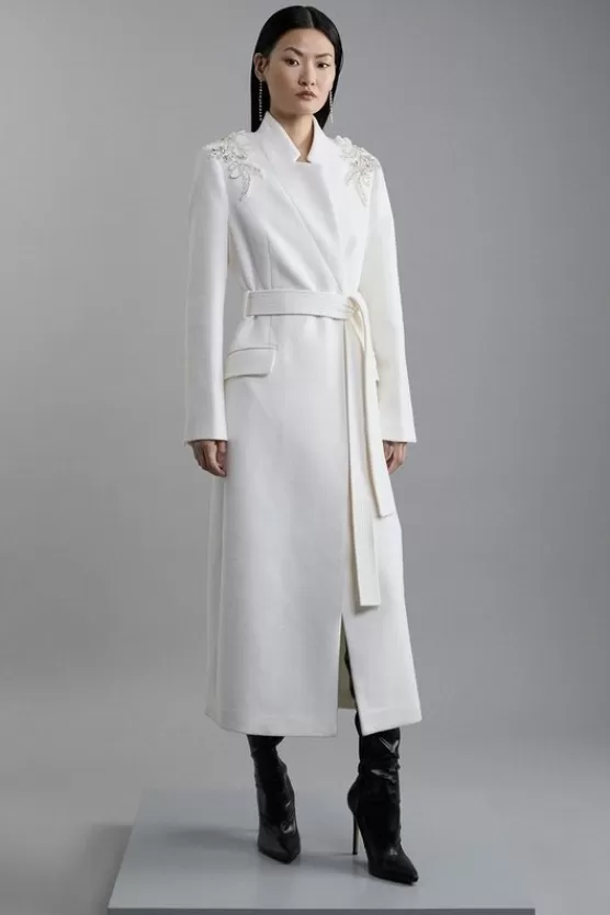 Best Sale Karen Millen Wool Blend Embellished Belted Tailored Longline Coat ivory