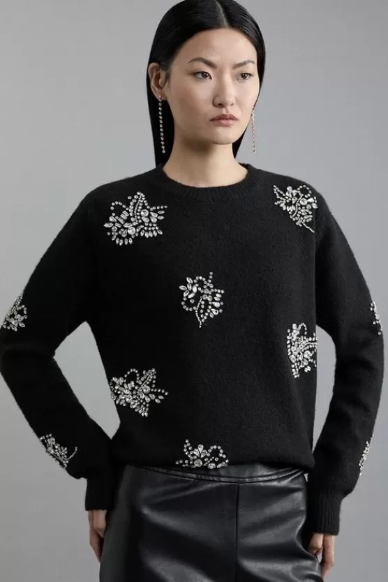 New Karen Millen Wool Blend Embellished Cosy Knit Sweater black