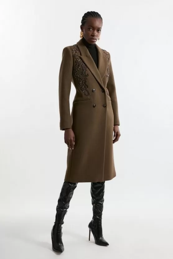 Outlet Karen Millen Wool Blend Embroidered Embellished Placed Floral Double Breasted Tailored Midi Coat khaki