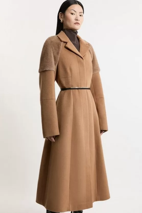 Online Karen Millen Wool Blend Faux Fur Sleeve Detail Tailored Midaxi Coat camel