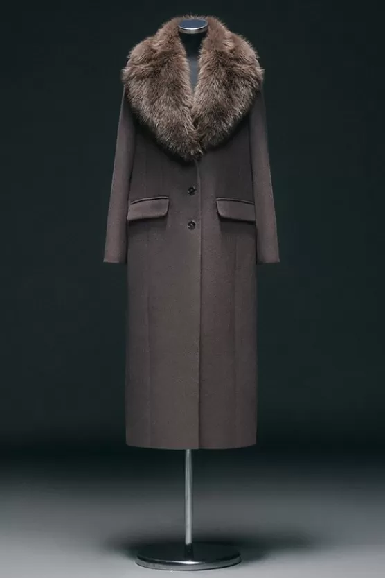 Flash Sale Karen Millen Wool Blend Fur Trim Collar Tailored Midi Coat mushroom