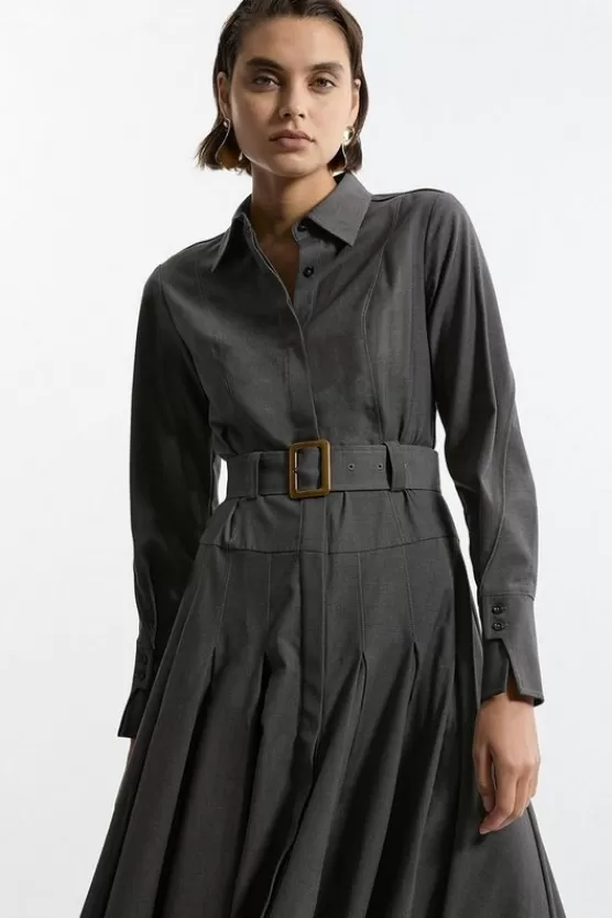 Best Karen Millen Wool Blend Pleated Tailored Belted Maxi Shirt Dress grey