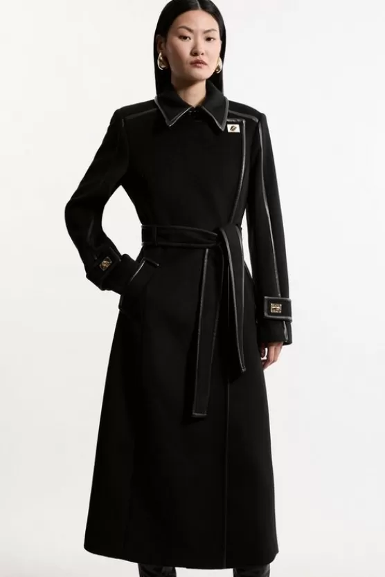 Store Karen Millen Wool Blend Pu Trim Belted Tailored Double Breasted Midi Coat black