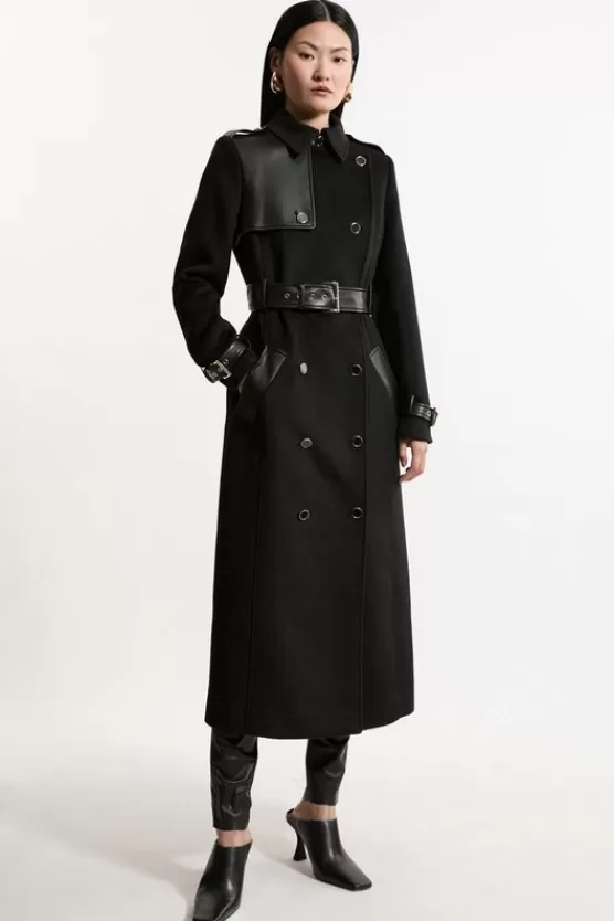 Flash Sale Karen Millen Wool Blend Pu Trim Belted Tailored Midi Coat black