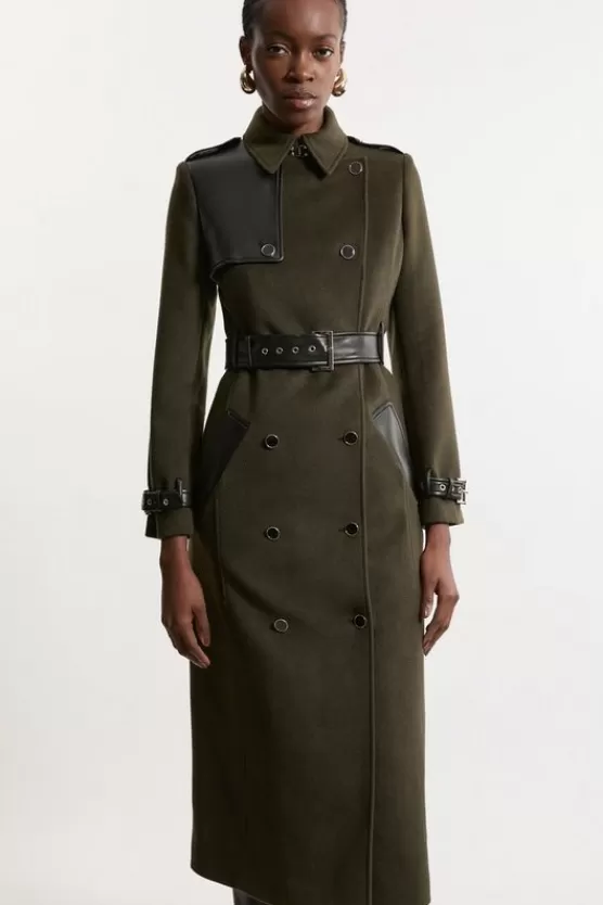 Outlet Karen Millen Wool Blend Pu Trim Belted Tailored Midi Coat khaki