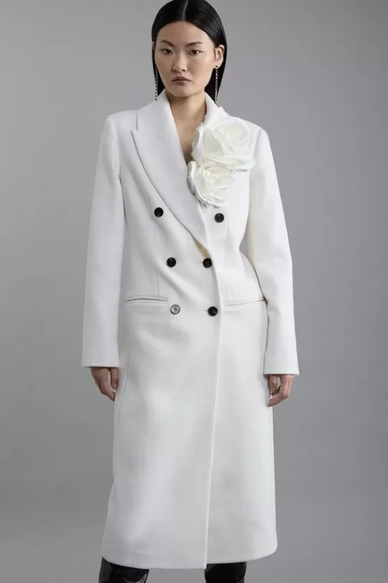 Online Karen Millen Wool Blend Rosette Detailed Double Breasted Tailored Maxi Coat ivory