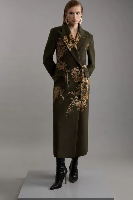 Discount Karen Millen Wool Blend Sequin Embellished Placed Double Breasted Tailored Midiaxi Coat khaki