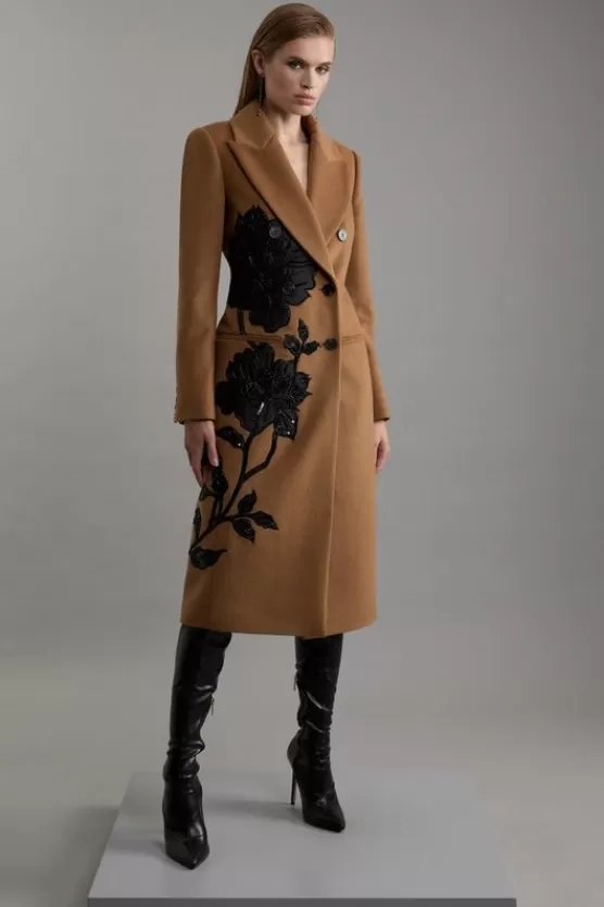 Cheap Karen Millen Wool Blend Taffeta Applique Embellished Double Breasted Tailored Midi Coat camel