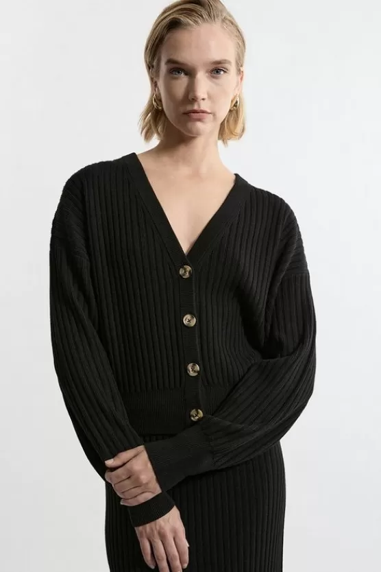 Sale Karen Millen Wool Blend V Neck Ribbed Knit Cardi black