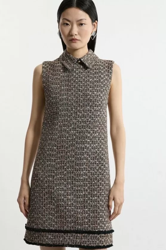 Best Karen Millen Wool Mix Boucle Tailored Collared Sleeveless Dress multi