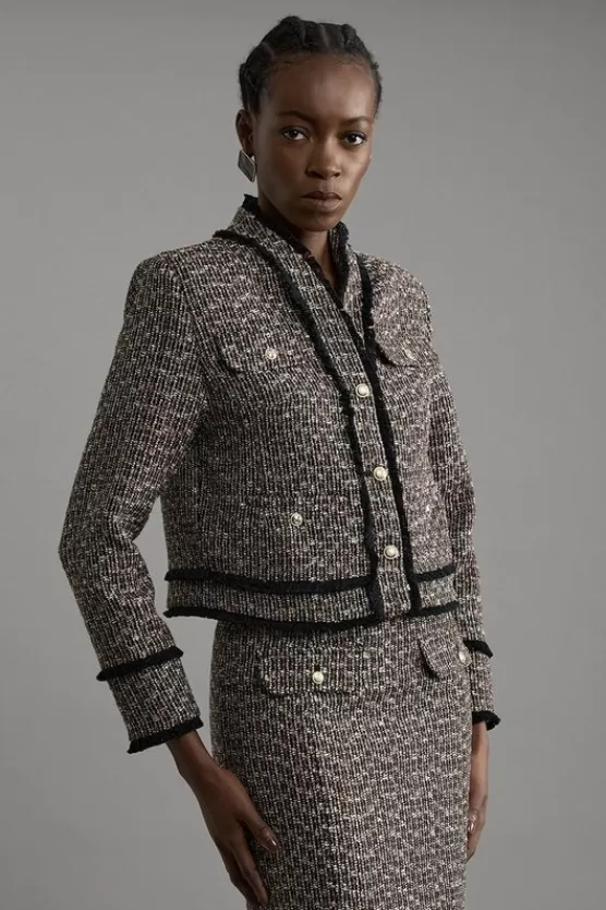 Discount Karen Millen Wool Mix Boucle Tailored Cropped Collarless Jacket multi