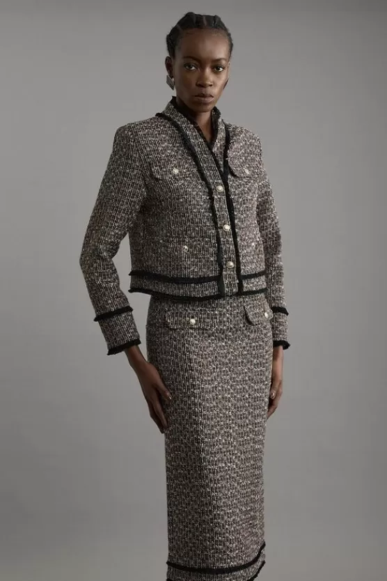 Outlet Karen Millen Wool Mix Boucle Tweed Tailored Maxi Skirt multi