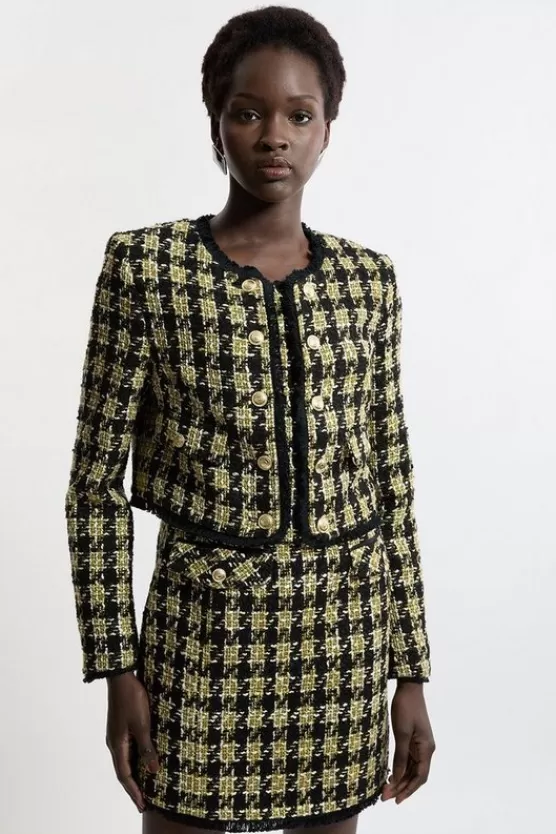 Store Karen Millen Wool Mix Check Boucle Tailored Cropped Jacket multi